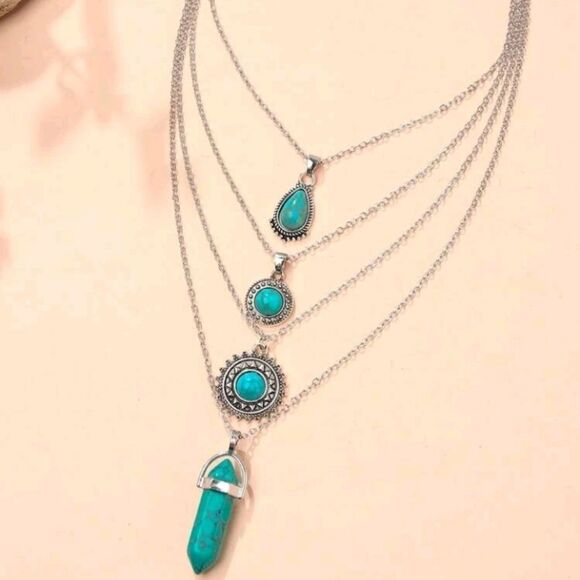 Silver Multi Layered Turquoise Pendant Necklace - Picture 1 of 3
